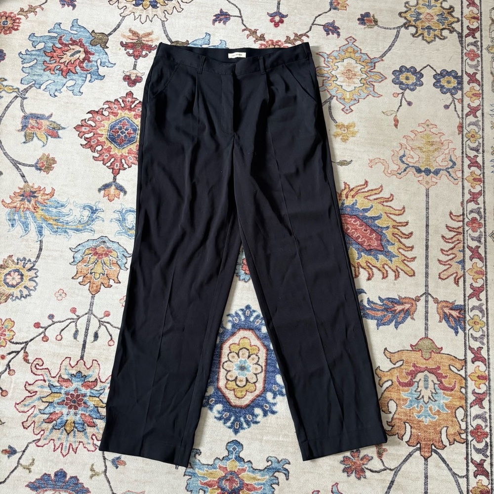 Max Studio Navy Blue High Waisted Trousers Pleated Straight Leg